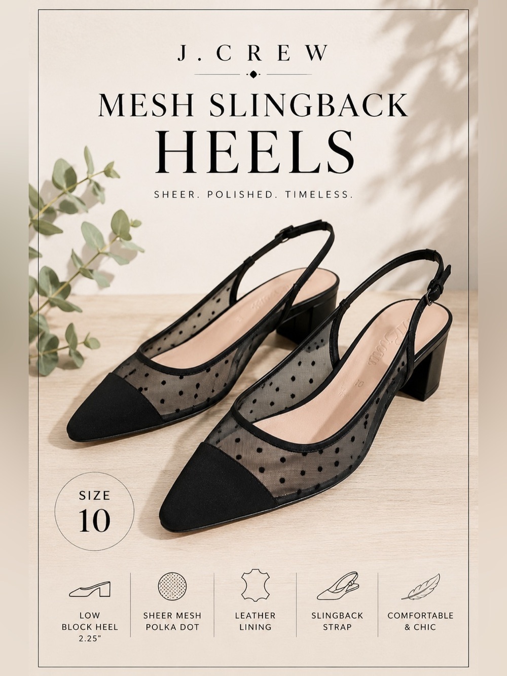 J.Crew Black Mesh Polka Dot Slingback Heels Size 10